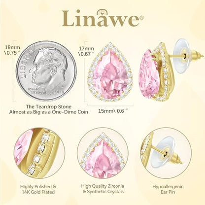 Linawe Women Stud Earrings, Teardrop Diamond Moissanite Cubic Zirconia Earrings Studs Rhinestone Jewelry Gold/Silver/Rose Gold - color: Gold,June,Oct