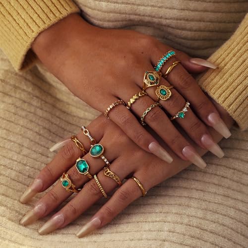 Chunky Gold Rings for Women Non Tarnish, Baroque Pearl Flower Tiger's Eye Stone Rings Adjustable Stacking Statement Rings Set Fashion Jewelry Gifts - style: All Green Set