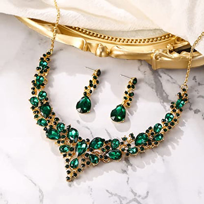 Women's Wedding Statement Necklace Dangle Earring Jewelry | Austrian Crystal Teardrop Cluster,Necklaces Earrings Set for Bride Bridesmaid,Prom Accessories - color: 22-Emerald Color Gold-Plated-Base
