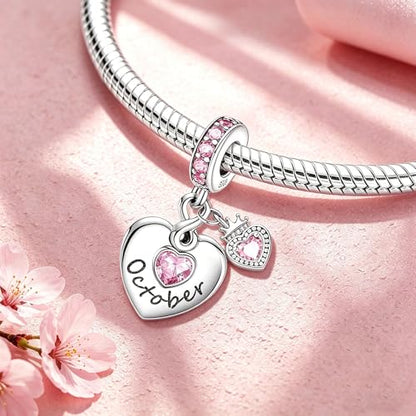 BLUELUNE Birthstone Charms, 925 Sterling Silver Dangle Charm with 5A Cubic Zirconia for Bracelets or Necklaces, Birthday, Mother's Day Present for Women - color: October