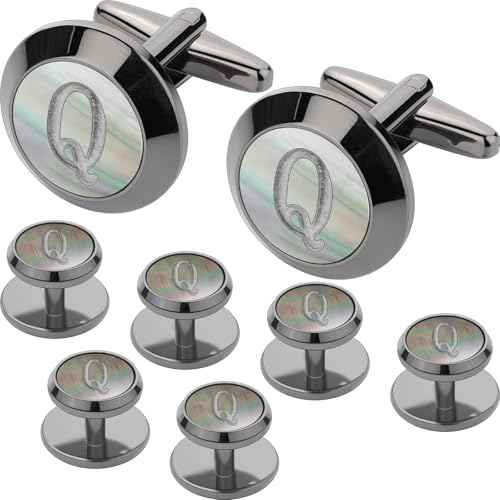 Cuff Links Mens and Tuxedo Studs Set, TAIGRAMA Gun Black Cufflinks for Men and Tuxedo Buttons Initial Tux Shirt Studs Personality Black Mother of Pearl for Formal Shirt Kit Business or Wedding - style: Letter Q