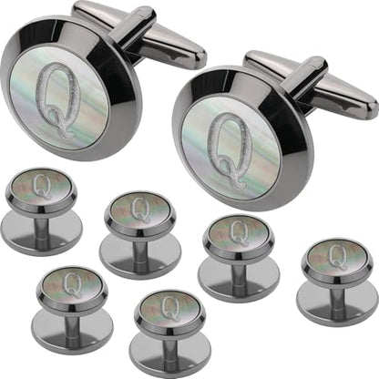 Cuff Links Mens and Tuxedo Studs Set, TAIGRAMA Gun Black Cufflinks for Men and Tuxedo Buttons Initial Tux Shirt Studs Personality Black Mother of Pearl for Formal Shirt Kit Business or Wedding - style: Letter Q