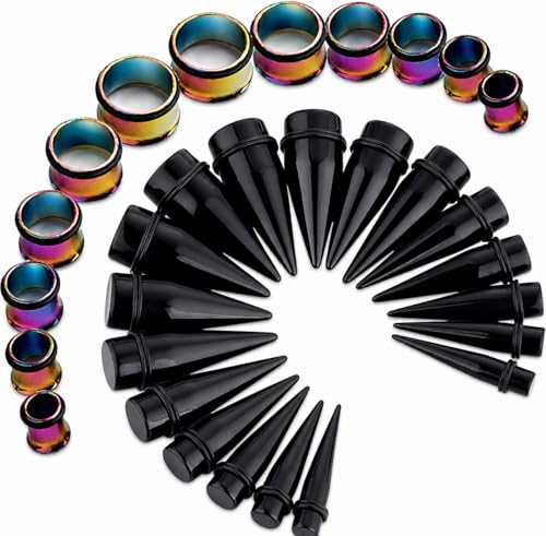 BodyJ4You 36PC Ear Gauge Stretching Kit 00G-25mm - Big Gauges for Ears | Dead Stretching Lobe Plug Expander - Stainless Steel Single Flare Flesh Tunnels - Solid Acrylic Piercing Tapers Men Women - color: Black, Rainbow