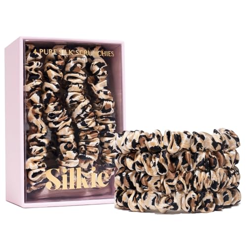 SILKIE x4 Set - Forget Satin - 100% Pure Mulberry Silk Black Brown Leopard Skinny Scrunchies Travel Pouch Everyday Hair Ties Elastics Hair Care Ponytail Holder No Damage (Savannah) - color: Savannah