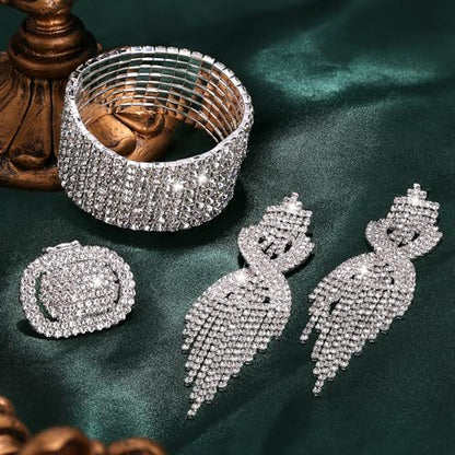 Rhinestone Bridal Jewelry Set for Women Earrings Bracelet Ring | Sparkling Rhinestone, Stretch Bracelet Ring, Dangle Tassel Earrings Set, Costume Jewelry, Rhinestone Jewelry Set for Women - style: Set 01