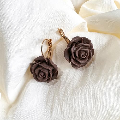 Handmade Bohemian Aesthetic Dainty Acrylic Flower Petal Leverback Earrings Sparkly 14K Gold Floral Dangle Drop Earrings for Women - color: Brown