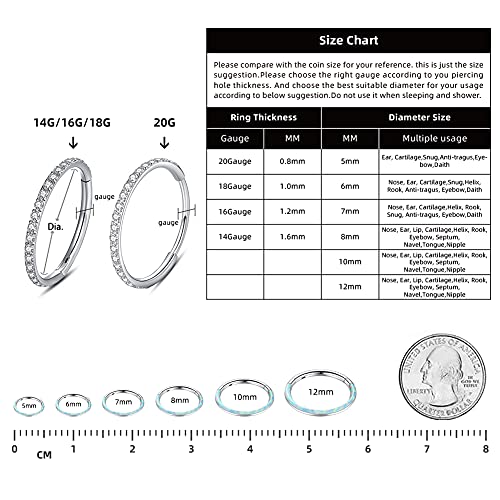 WBRWP 316L Stainless Steel Nose Hoop Rings Clicker with Zircon/Opal 14g-20g | Hypoallergenic Nose Rings Segment Clicker Lip Rings Cartilage Rook Conch Earrings Diameter 5mm-10mm - color: Flat rose gold ring with white opal -1pc pack