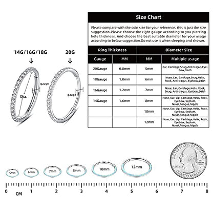 WBRWP 316L Stainless Steel Nose Hoop Rings Clicker with Zircon/Opal 14g-20g | Hypoallergenic Nose Rings Segment Clicker Lip Rings Cartilage Rook Conch Earrings Diameter 5mm-10mm - color: Flat silver ring with white opal -1pc pack