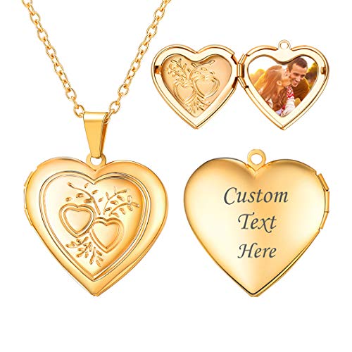 U7 Women Locket Necklace, Heart Photo Lockets Hold Picture, Gift Box Packed | Gold/Silver/Rose Locket Charm, Custom Picture and Engravement Heart Pendant, 20" Chain, Personalized Gift for Mom Wife Friend - color: 03# Gold*2 Heart