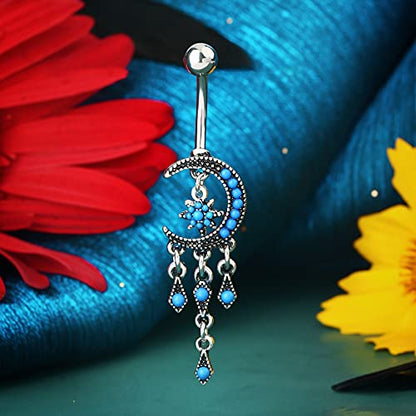 COCHARM Moon Dangle Belly Button Rings for Women 14g Belly Rings Dangling Cute Nave Rings Boho Belly Navel Piercing Jewelry…