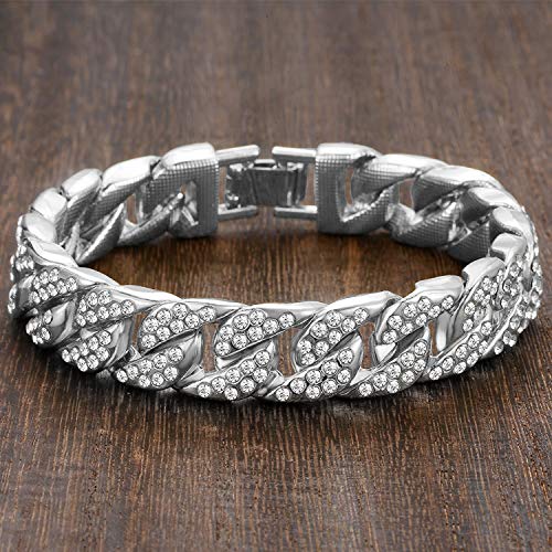 Mens Womens Cuban Link Bracelet Hip Hop Bracelet Stainless Steel Chain Bracelet Iced Out Curb Cuban 18k Gold Plated Bracelet With Clear Rhinestones - color: A-Silver-8.26in