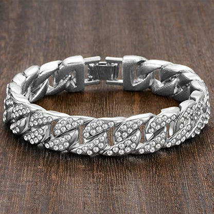 Mens Womens Cuban Link Bracelet Hip Hop Bracelet Stainless Steel Chain Bracelet Iced Out Curb Cuban 18k Gold Plated Bracelet With Clear Rhinestones - color: A-Silver-8.26in