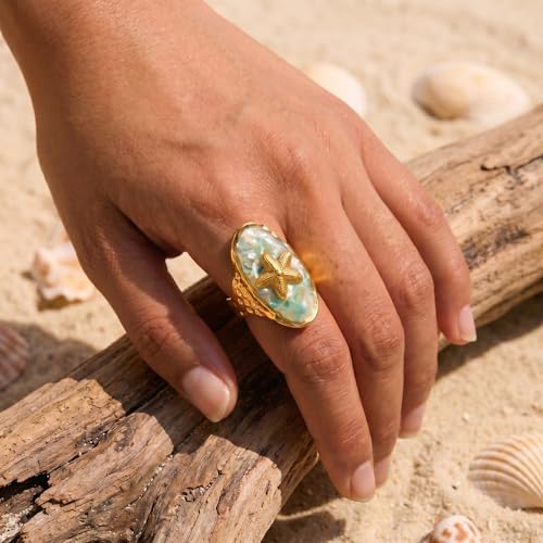 Starfish Ring for Women Gold Tone Adjustable Open Band Stainless Steel Ocean Beach Jewelry Boho Seashell Statement Ring Summer Everyday Wear