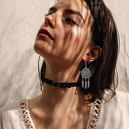 KaFu Woman Retro Silver BOHO Style Metal Dangle Drop Earrings Dream Catcher Statement Feather Dangle Tassels Turquoise Earrings for Women Girls - color: Silver-1