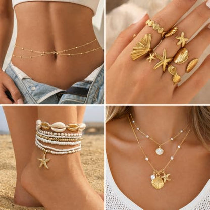Boho Beach Jewelry Sets for Women | Summer Seashell Starfish Accessories, Necklace, Earrings, Rings Anklet - style: 24pcs Beach Set