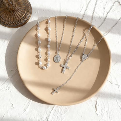 Silvery Layered Necklace for Women, Y Necklace with Cross Pendant, Dainty Stackable Jewelry Gift for Everyday Wear - style: 4PCS - Maria&Cross&Cross Y Chain&Pearl Chain