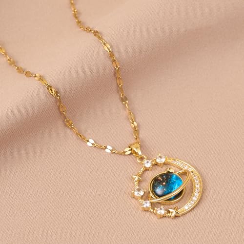 Gold Moon Star Pendant Necklace, Celestial Design with Gemstone, Great Jewelry for Women Daily Wear
