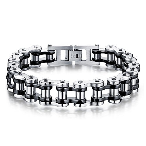 jonline24h Mens Womens Stainless Steel Motorcycle Biker Chain Heavy Bracelet Rock Link Wristband - color: Black Silver