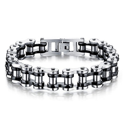 jonline24h Mens Womens Stainless Steel Motorcycle Biker Chain Heavy Bracelet Rock Link Wristband - color: Black Silver