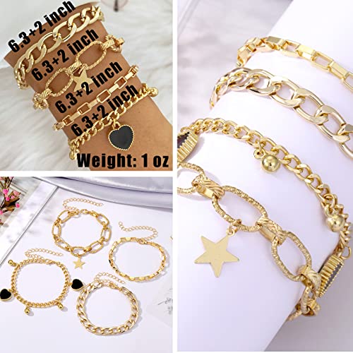 IFKM 6 PACK (24 PCS) Boho Gold Chain Bracelets Set for Women, 14K Gold Plated Multiple Layered Stackable Open Cuff Wrap Bangle Adjustable Link Italian Cuban Jewelry for Women Gift - style: 22PCS GOLD BRACELET