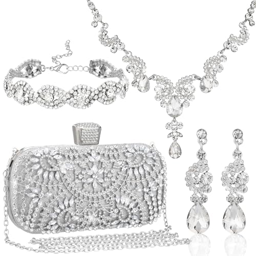 Quelay 4 Pcs Purse Rhinestone Jewelry Set for Wedding Bridal Women Handbag with Necklace Bracelet Dangle Earrings(Classic,Silver)