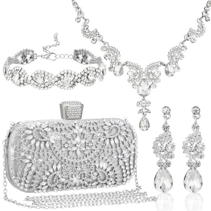 Quelay 4 Pcs Purse Rhinestone Jewelry Set for Wedding Bridal Women Handbag with Necklace Bracelet Dangle Earrings(Classic,Silver)