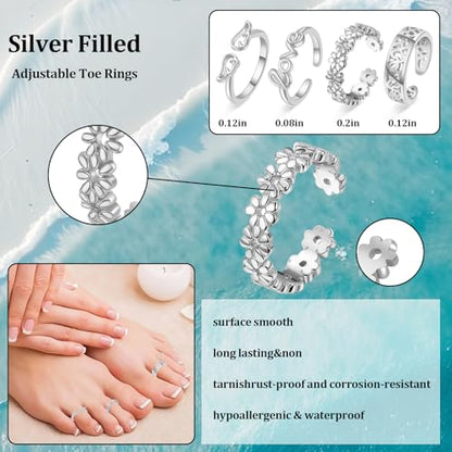 Toe Rings for Women,Silver Plated Stylish Adjustable Toe Band Rings, Summer Beach Foot Jewelry - Perfect for Vacation, Daily Wear - style: 4 Pcs
