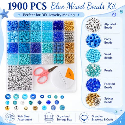 1900 PCS Blue Mixed Beads for Jewelry Making, Bracelet Making Kit with Alphabet Beads, Clay Beads, Pony Beads, Seed Beads and Pearls for DIY Jewelry Crafts
