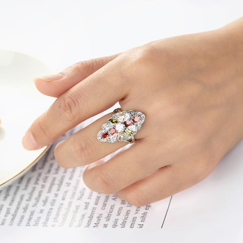Luxury Women's Cubic Zirconia Crystal Flower Big Cocktail Statement Rings Fashion Art Deco925 Silver Created Gem Filled Cluster Flower Lndex Finger Ring(8#), XG12-R002-A08 - size: 8#