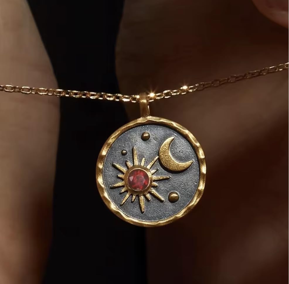 Gold Sun Moon and Stars Pendant Necklace with Birthstone Crystals as Center of Sun, Two-Tone Stainless Steel, Celestial Theme, Astrology Gift for Women, 16-20 Inch Adjustable Cable Chain - color: Jan Garnet
