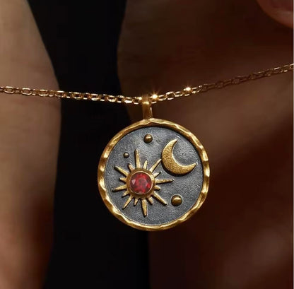 Gold Sun Moon and Stars Pendant Necklace with Birthstone Crystals as Center of Sun, Two-Tone Stainless Steel, Celestial Theme, Astrology Gift for Women, 16-20 Inch Adjustable Cable Chain - color: Jan Garnet