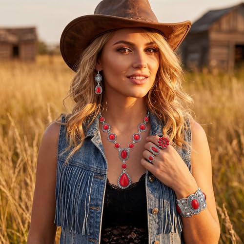 Ecally Bohemian Western Jewelry Turquoise Set Women Country Pendant Long Choker Layered Bracelets Earrings Ring for Women - color: Red, style: Stylish