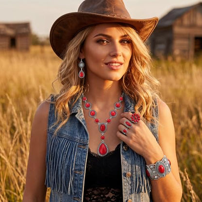 Ecally Bohemian Western Jewelry Turquoise Set Women Country Pendant Long Choker Layered Bracelets Earrings Ring for Women - color: Red, style: Stylish