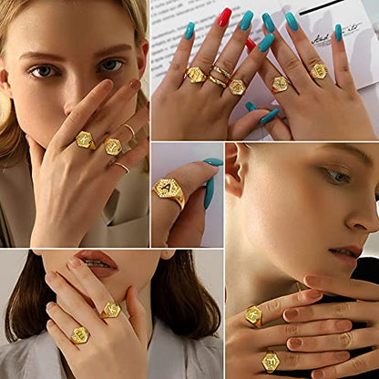 U7 Initial Ring Wedding Band for Men Women 18K Gold Plated Statement Hexagon A-Z Letter Jewelry Personalized Stackable Signet Rings - color: S
