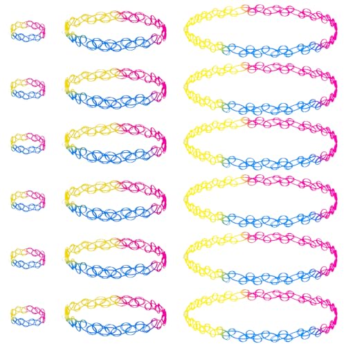 18 Pcs 90s Tattoo Choker Necklace, Bracelet & Ring Set Stretch Gothic Black Lace Vampire Accessories Retro Grunge Aesthetic Tattoo Effect Jewelry Accessories for Women - color: Rainbow