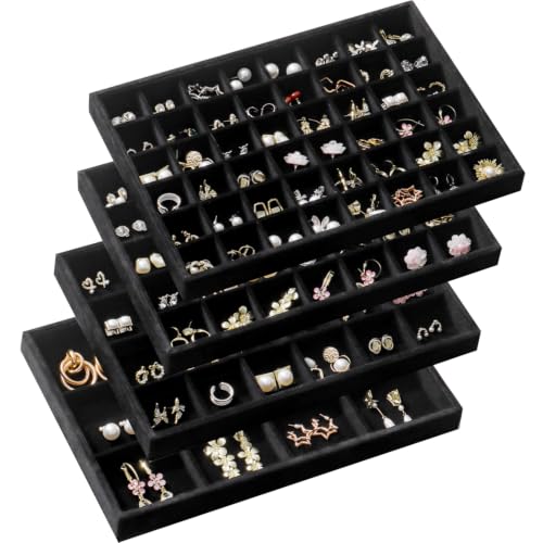 Large Jewelry Drawer Organizer Trays Set of 4, Stackable Velvet Jewelry Trays Organizer Holder Display Storage Showcase for Earring Necklace Bracelet Ring Accessary (Black, 12+24+35+48 Grids) - color: Black, size: 12+24+35+48 Grids