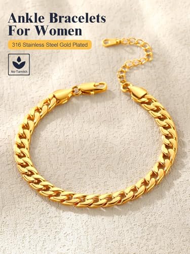 U7 Ankle Bracelets for Women Stainless Steel Waterproof Tarnish Resistant | 18K Gold Plated/Silver/Rose Gold Anklets, Cuban Chain Anklet Bracelets, Perfect for Summer Beach and Vacation Outfits - color: Gold Plated-5mm-Cuban Chain