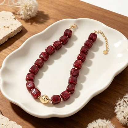 Chunky Beaded Necklace for Women,Square Resin beads boho Choker Necklace with gold-tone spacers,Fashion Trendy Summer Beach Party Necklaces Handmade Surfer Beach Necklaces Jewelry Gifts - color: Burgundy