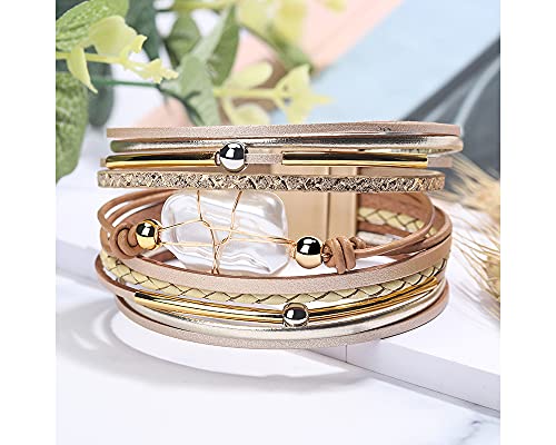 Fesciory Leather Wrap Bracelets for Women, Boho Western Layered Jewelry | Layered leather cuff bracelets, Easy on and off, Boho western style, Daily wear, Gift for women - color: Gold 3