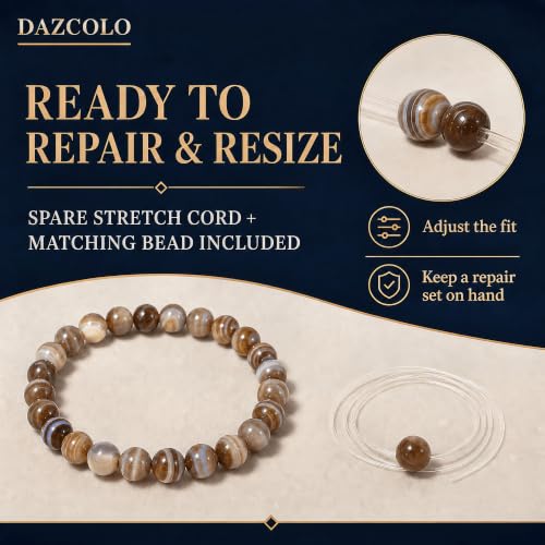 8mm Natural Crystal Stretch Bracelet | Handmade Round Stone Bead Bracelet, Runs Large, Meditation Yoga Gift for Women & Men - color: Botswana Agate