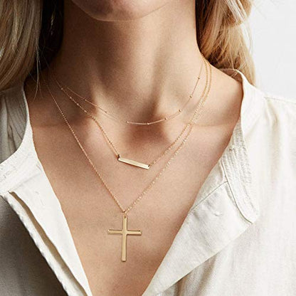 Fiusem Gold Plated Layered Necklaces for Women, Dainty 14K Gold Plated Pendant Necklace and Choker Necklaces for Women - style: B-Layered Cross