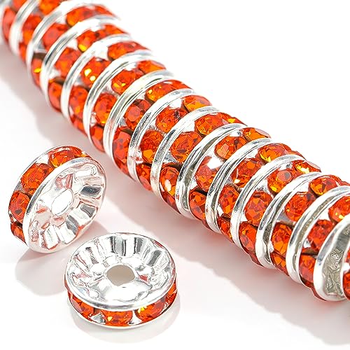 100Pcs Rondelle Spacer Beads Round Crystal Charms Czech Rhinestone Silver Plated Spacer Loose Beads for DIY Bracelet Necklace Jewelry Making Supplies (6MM, Orange) - color: Orange, size: 6MM