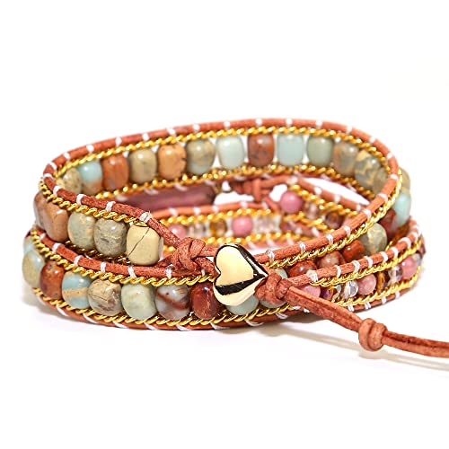 Women Wrap Bracelet Boho Natural Jasper Crystal Stone Beads Strand Bracelets - color: Style 13-Rhodochrosite