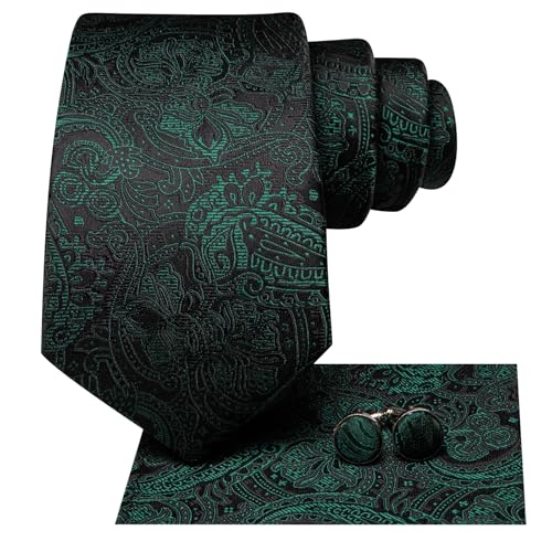 Hi-Tie Men 63inches Tie Set Extra Long Necktie Paisley Tie Pocket Suqare Cufflinks Big and Tall Men Tie - color: Black Green Forest
