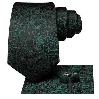 Hi-Tie Men 63inches Tie Set Extra Long Necktie Paisley Tie Pocket Suqare Cufflinks Big and Tall Men Tie - color: Black Green Forest