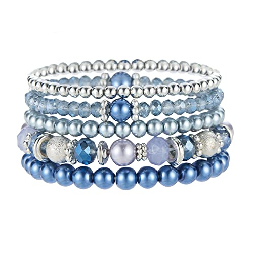 Noessla Beaded Pearl Stretch Bracelet Silver Stackable Crystal Beads Bracelets Trendy Costume Jewelry Mothers Day Gifts for Women - color: Blue
