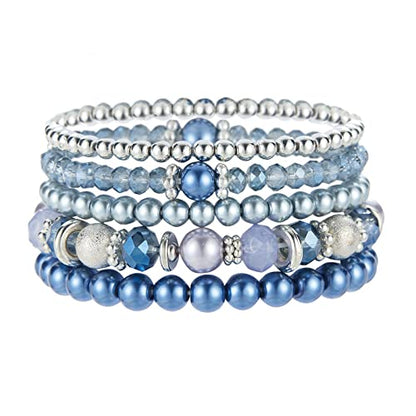 Noessla Beaded Pearl Stretch Bracelet Silver Stackable Crystal Beads Bracelets Trendy Costume Jewelry Mothers Day Gifts for Women - color: Blue