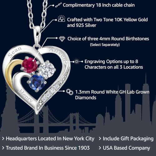 Gem Stone King Customized Engraved 3-Stone Pendant Necklace For Women | 925 Sterling Silver & 10K Yellow Gold | Personalized Gemstone Birthstone and Lab Grown Diamond Necklace | 18 Inch Chain