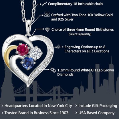 Gem Stone King Customized Engraved 3-Stone Pendant Necklace For Women | 925 Sterling Silver & 10K Yellow Gold | Personalized Gemstone Birthstone and Lab Grown Diamond Necklace | 18 Inch Chain