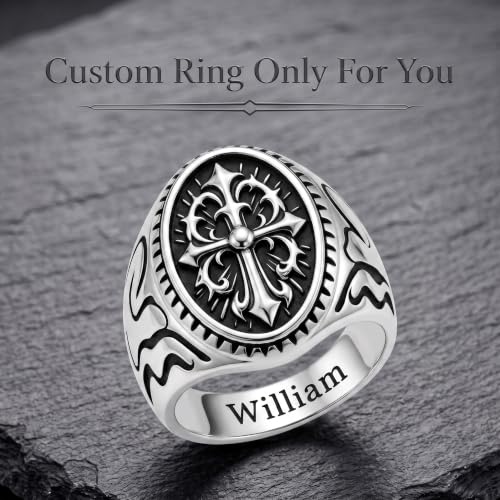 Dacc & Aya Custom Engraved Vintage Signet Ring 925 Sterling Silver Black Oxidized Personalized Statement Jewelry for Men - style: D-Cross